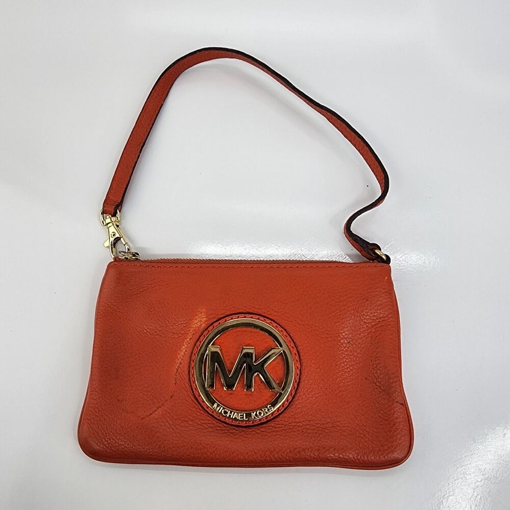 Michael Kors Fulton Wristlet Clementine Leather Orange Zip Clutch 7" Strap Flaws - Picture 1 of 12